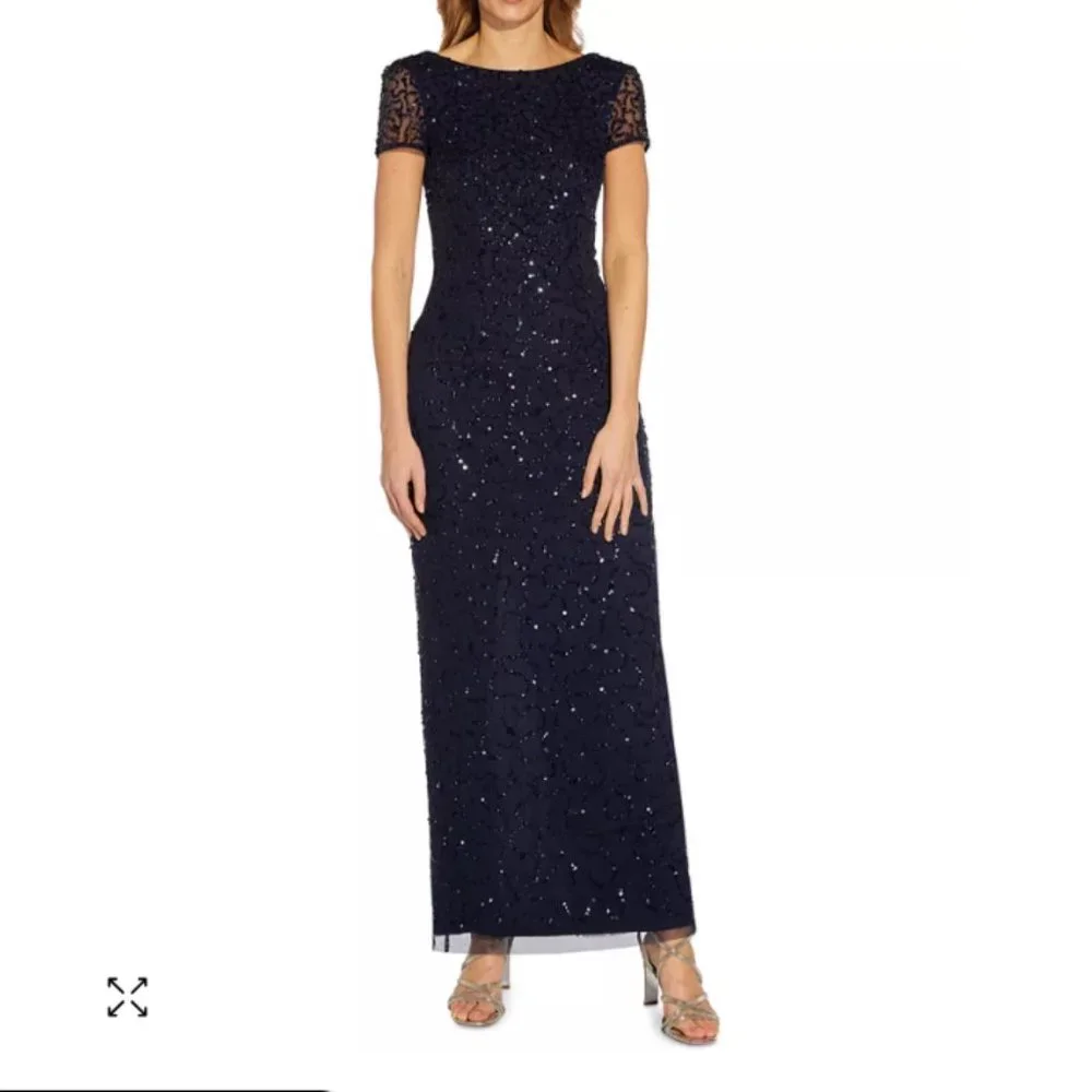 Adrianna Papell Low Back Beaded Sequin Navy Blue Column Gown Size 6 - Picture 1 of 6